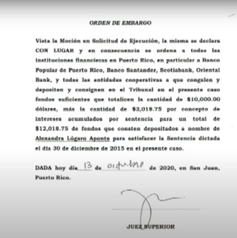 Alexandra Lugaro - orden de embargo - mocion 2 - tribunal - octubre 15 2020